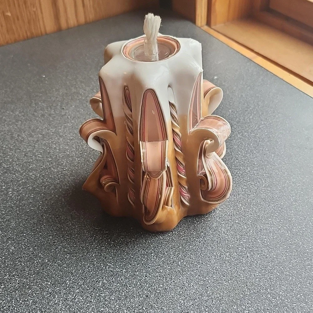 Hand Carved Decorative‎ Swirl Candle White Brown Pink Art Wax Handmade
